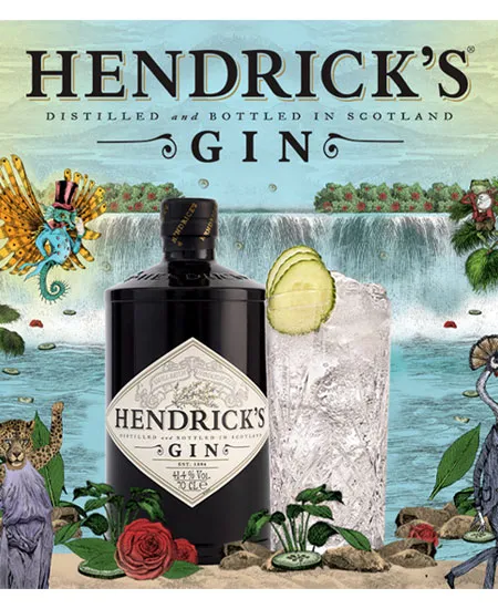 Diserño con fondo de mar ilustrado con Hendricks x 750ml y un coctel