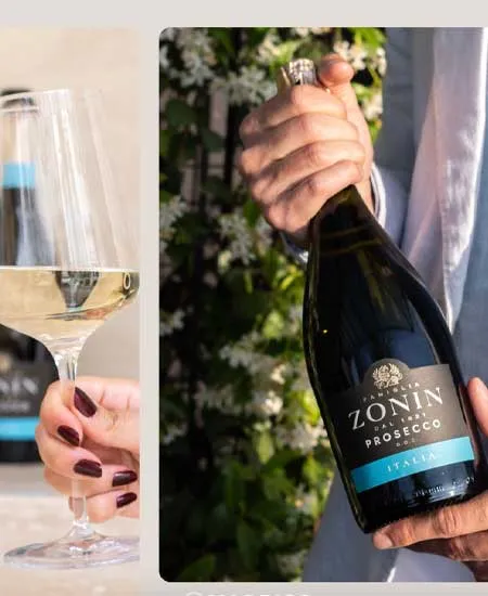 Imagen de Prosecco Zonin Brut Cuvee x 750ml sostenido en manos de una persona junto a copa con espumoso servido
