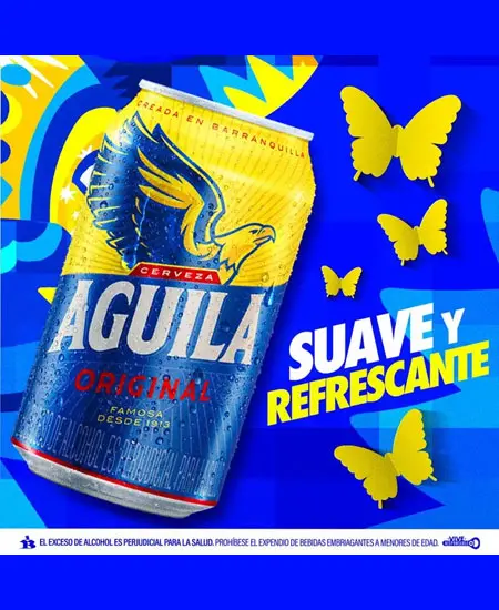 Diseño azul con mariposas y lata de Cerveza Aguila x 330ml con frase suave y refrescante