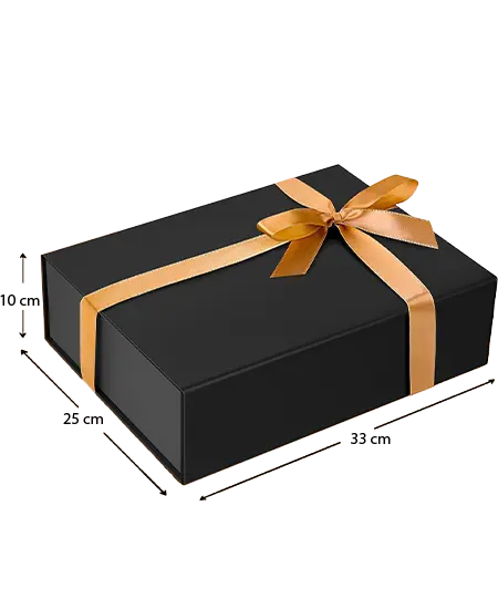 caja premium con cinta dorada foto diagonal con medidas