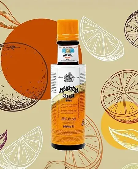 Angostura Naranja (Esencias de gotas amargas) x 100ml en fondo amarillo con formas de naranja