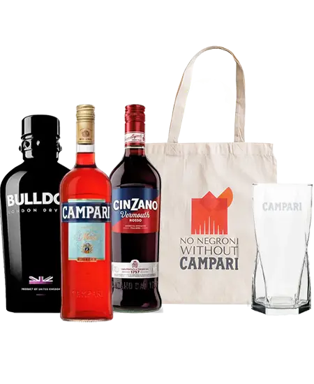 Campari italiano, Cinzano Vermouth Rosso y Bulldog Gin London Dry, incluye vaso de coctelería.