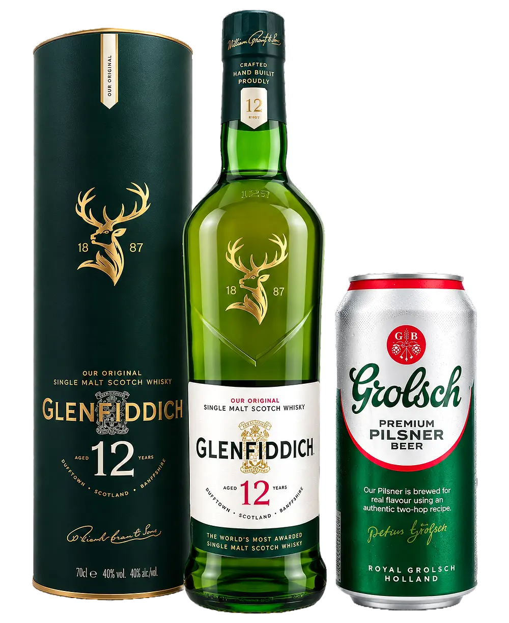 Glenfiddich 12 años x 750ml +  Cerveza Grolsch x 500ml